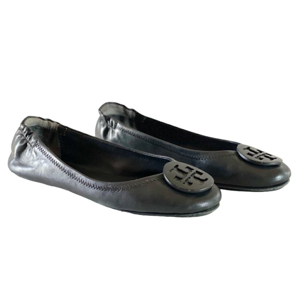 Tory Burch Minnie Travel Ballet Flats 6.5 Black Napa Leather Logo Shoes